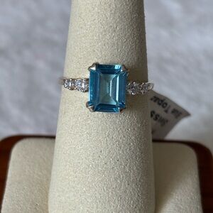 NWT 7x9mm Natural Emerald Cut Swiss Blue Topaz 925 Sterling Silver Ring